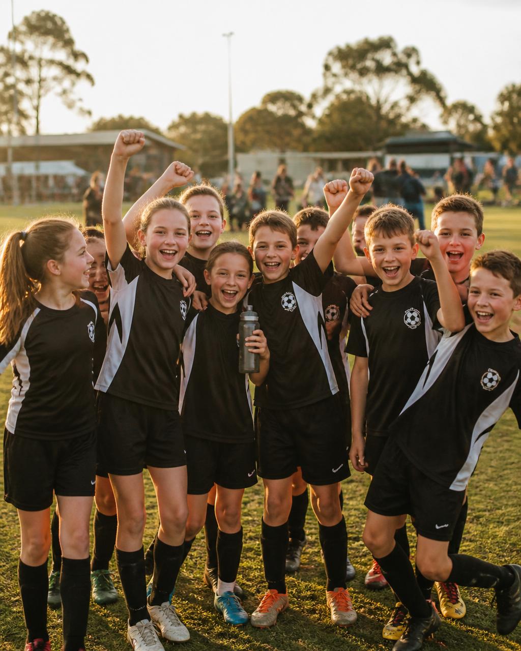 Junior community sport players celebrating together