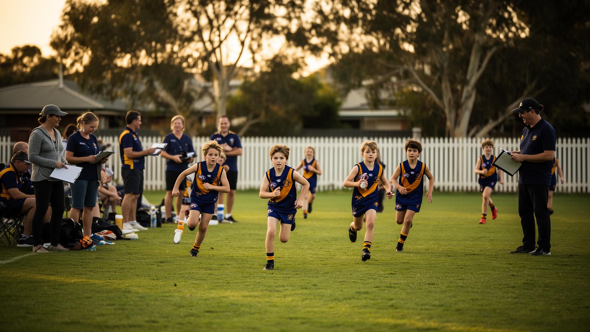 A volunteer coach and junior footballers at a community sports oval